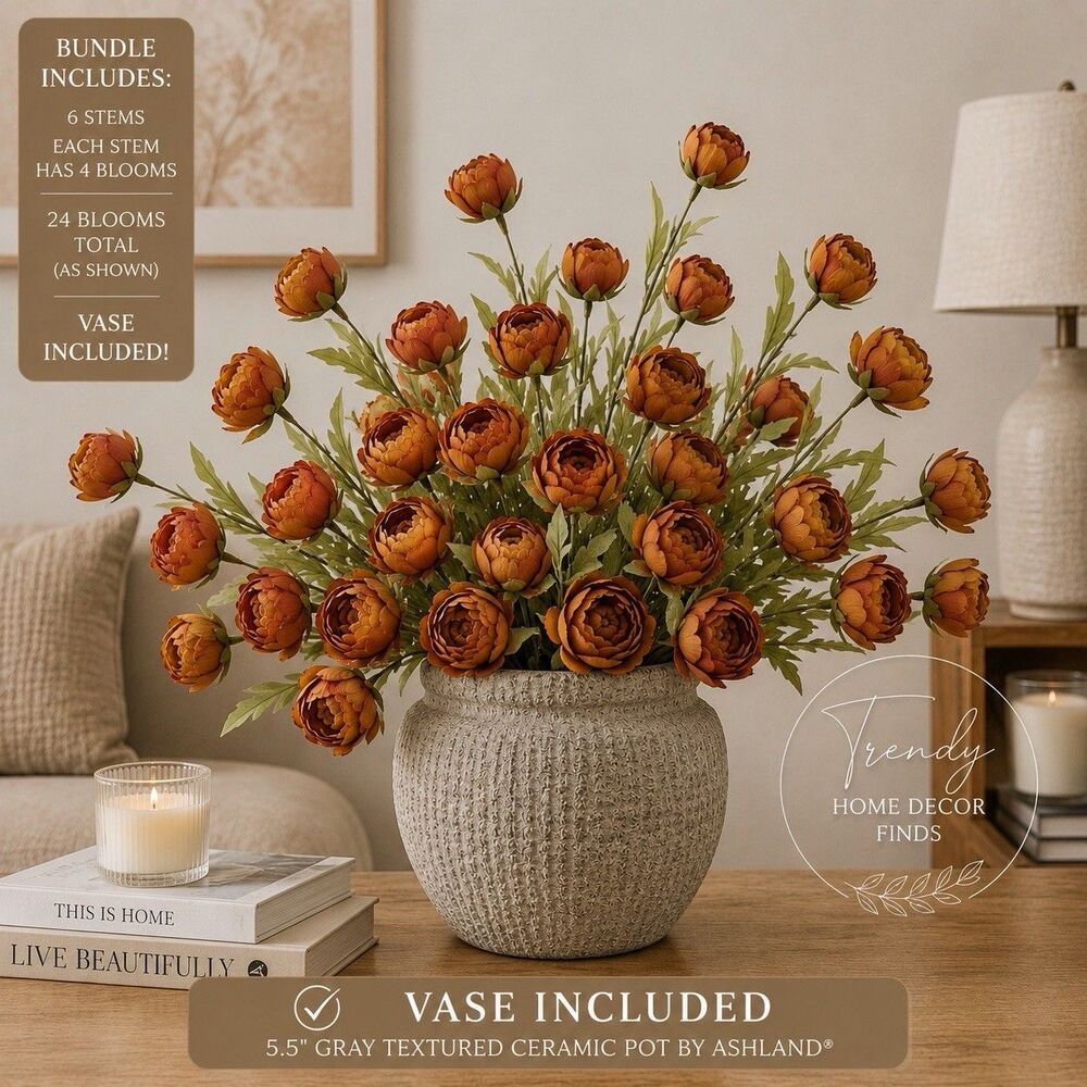 RARE Viral Ashland Brown Peony Stem Bundle w/ Textured Ceramic Vase NEW